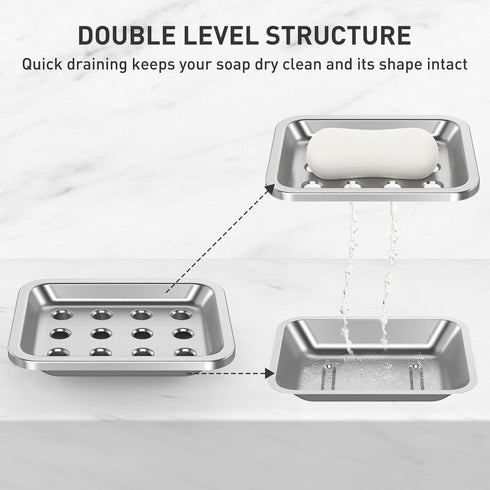 Countertops Stainless Steel Soap Dish, Large Double-Layer Draining Soap Holder, Metal Soap Dish for Bathroom, Shower