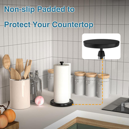 Black Paper Towel Holder Countertop, One-Handed Tear Stand with Ratchet Mechanism, Stainless Steel Weighted Base