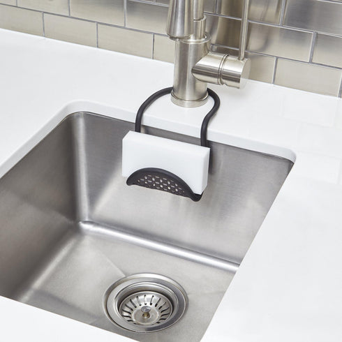 Modern Black Sling Sponge Holder for Kitchen Sinks - Flexible Design, No Suction Cups