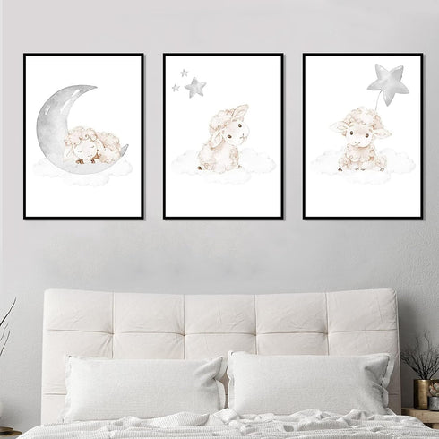 VLOLIFE (12X16inchX3 , Cartoon Baby Animal Picture Sheep Nursery Poster Art Canvas Painting Nordic Kid Child Bedroom