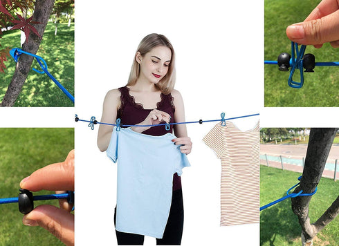 2 Pack Portable Clothesline with 12 Clothespins, Windproof Retractable Elastic Laundry Line for Drying