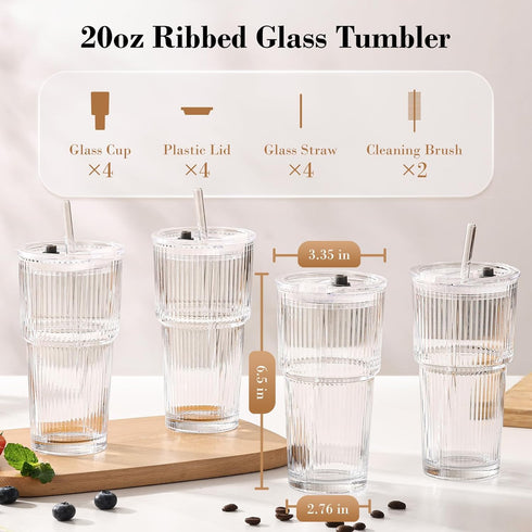 20oz 4 Pack GOSCHE Glass Tumblers with Straws and Lids, Ribbed Iced Coffee Cups Leak-proof, Dishwasher Safe, Thickened