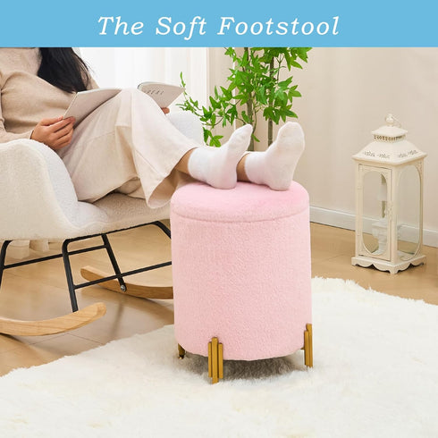 300lbs Mxfurhawa Round Ottoman Foot Stool with Storage and Metal Legs for Living Room Bedroom, Velvet Upholstered
