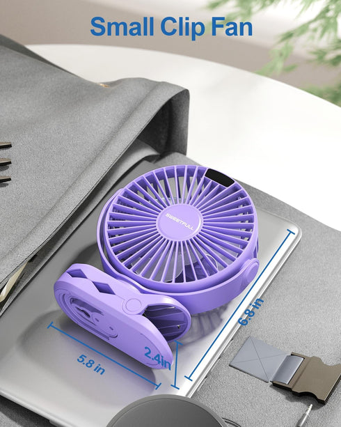 SWEETFULL Portable Clip on Fan, Battery Operated 4000mAh Rechargeable Fan with LED Display, 4 Speeds for Travel Camping