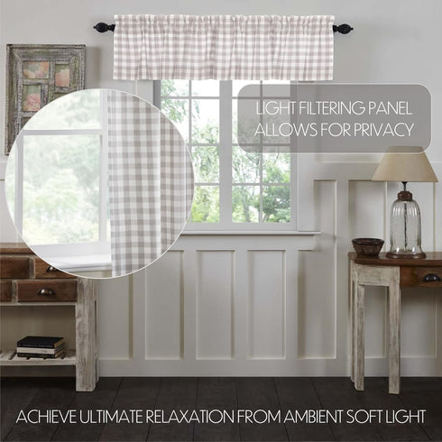 VHC Brands Annie Buffalo Check Farmhouse Kitchen Window Curtains - Lined Valance, 16x72, White & Grey