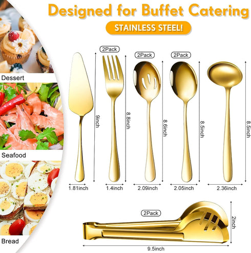 Serving Utensils Include Large Serving Spoons Slotted Serving Spoons Serving Forks Serving Tongs Soup Ladle and Pie Server Buffet Catering Serving Utensils for Dishwasher Safe (Gold, 10)