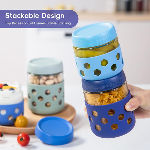 8-Pack 16 oz 10 oz Gemice & Glass Mason Jars with Silicone Sleeves, Airtight BPA-Free Overnight Oats Containers