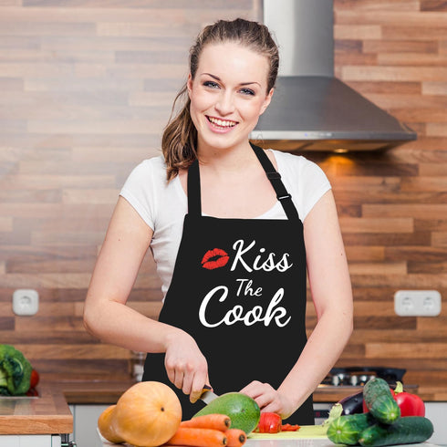 Funny Aprons for Women Men - Kiss the Cook Apron, Funny Chef Cooking BBQ Grill Aprons with 2 Pockets, Gift for Mom, Dad