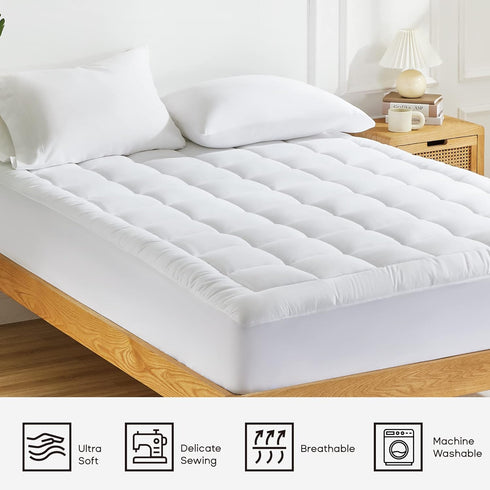 Quilted Mattress Pad, Soft Fluffy Pillow Top Cover, Down Alternative Fill Topper, Deep Pocket Up to 21 Inches, White,