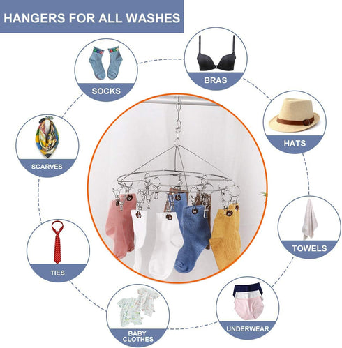CenYouful Stainless Steel Round Drying Rack with 20 Clips for Socks, Baby Clothes, Bras, Towels, Underwear, Hats,