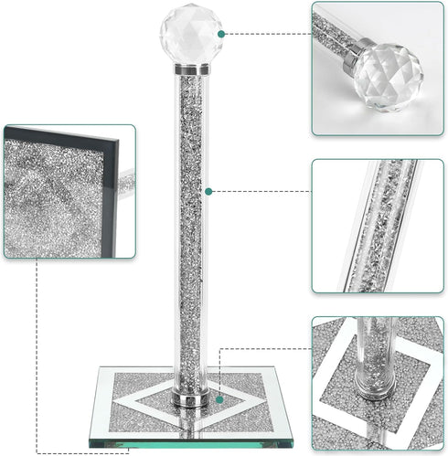 Ulable Counter Bling Silver Paper Towel Holder Stand with Square Base, Toilet Roll Filled with Crystal Paper Towel