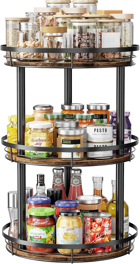 12'' 3 Countertop, LAMU Wood Lazy Susan Spice Rack Organizer, Tier Spice Organization for Cabinet, Kitchen, Table Top