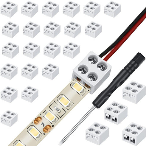 25 Pack Solderless LED Tape Light Connector, 2 Pin Terminal Block for 5V 12V 24V Single Color LED Strip Lights