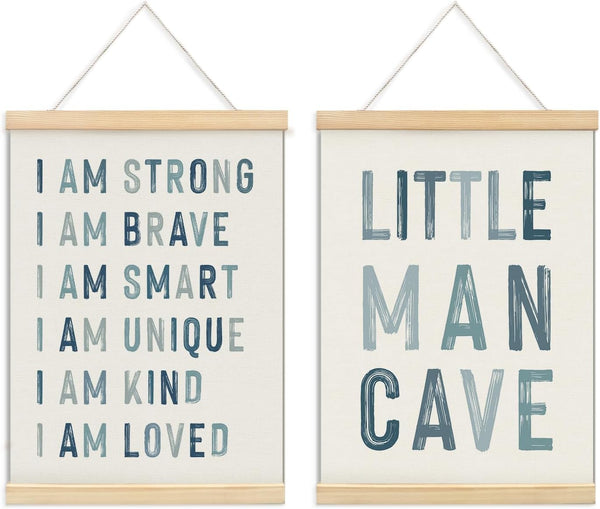 ULEGIE Boy Nursery Decor Posters Framed with Wood Hanger, Little Man Cave Sign