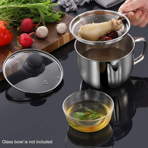 Stainless Steel 4 Cup/1000ML Fat Separator with Strainer and Glass Lid, Soup Oil Separator Cup for Cooking, Kitchen Oil