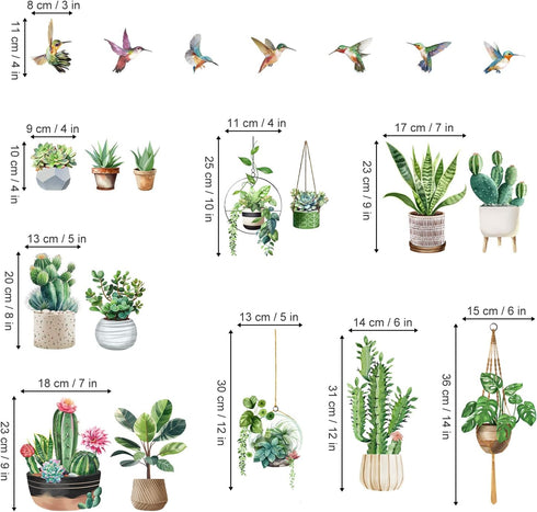 wondever Hanging Potted Plant Window Clings, Tropical Botanical Cactus Hummingbirds Glass Sticker Decals