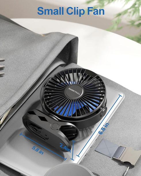 SWEETFULL Portable Clip on Fan, Battery Operated Stroller Fan, 4000mAh Rechargeable Mini Cooling Desk Fan (Black)