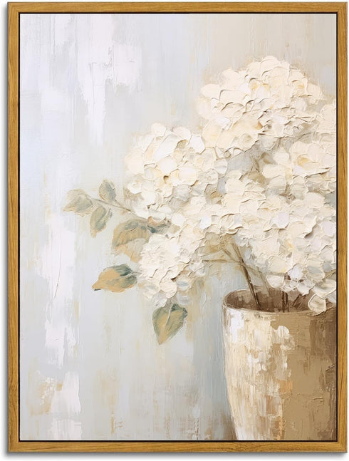 KBKBART Framed Wall Art Vintage Floral Bathroom Canvas Painting White Hydrangeas Flower Prints for Bedroom Living Room