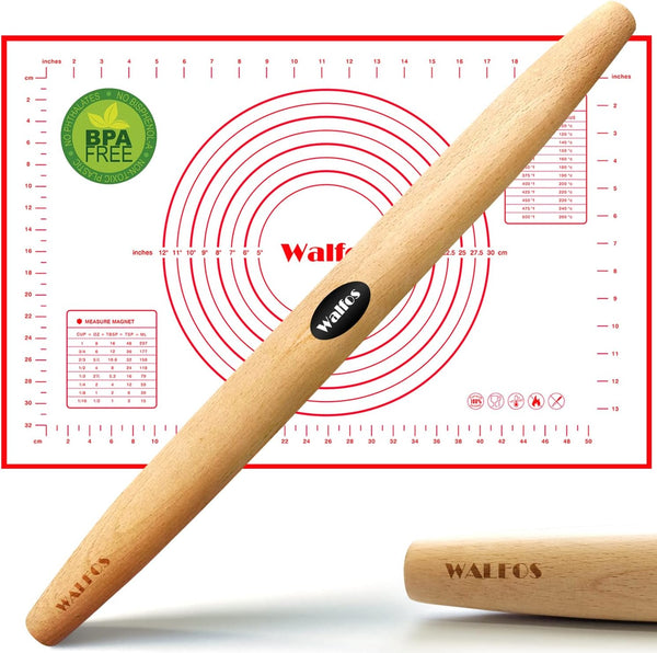 WALFOS French Rolling Pin and Silicone Baking Mat Set - Non-Stick Beech Wood Rolling Pin 15.7 Inch for Baking