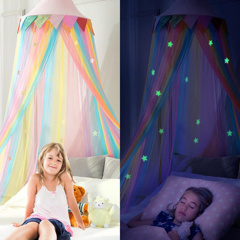 LOAOL Bed Canopy for Kids - Fairy Dream Canopy Bed Curtains with Rainbow Color Hanging Net, Pink Round Dome