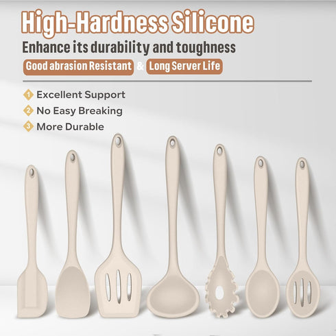 E-far 7-Piece Silicone Cooking Utensils Set, Khaki Heat Resistant Nonstick Tools for Kitchen, Dishwasher Safe