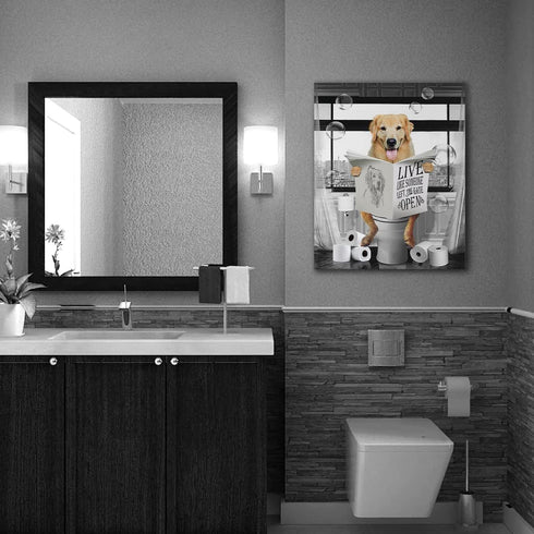Golden Retriever Canvas Wall Art, Black and White Funny Dog Sitting in Toilet Painting for Bathroom