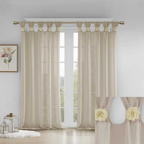 Madison Park Rosette Floral Embellished Cuff Tab Top Solid Sheer Curtain Panel Drape for Bedroom, 50"x84"