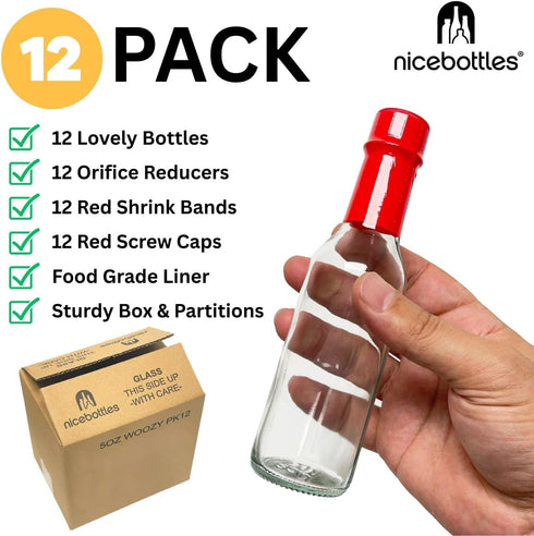 5 Oz 12 Pack nicebottles Hot Sauce Bottles with Red Caps & Shrink Bands