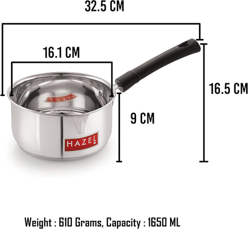HAZEL Stainless Steel Saucepan with Handle, Induction Cooktop, 1.3 Quarts, Easy to Clean, Ideal for Tea Milk