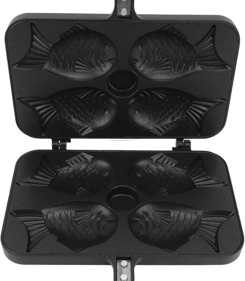 Taiyaki Pan, Non-Stick Double Sided Frypan with 4 Grids, Black Anti-Scalding Handle, Fish Shape Aluminium Waffle Maker