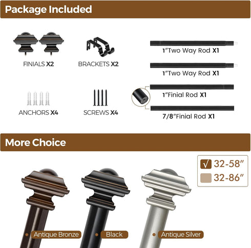 KAMANINA 1 Inch Curtain Rod, 32 to 58 Inches, Black Single Drapery Rods with Square Finials
