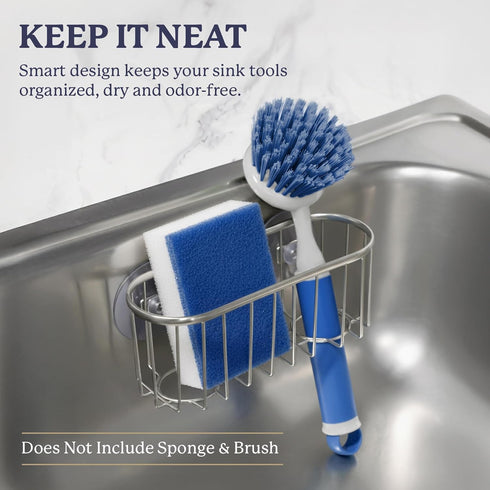 Farberware Sponge Holder for Kitchen SinkBrushed Metal Sink Caddy Organizer with Triple Suction Cups, Kitchen Organizer