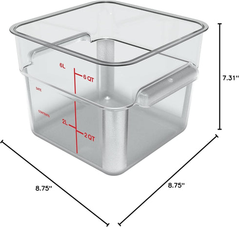 Carlisle FoodService Products Square Food Storage Container, Stackable Design for Catering, 6 Quarts, Clear, Pack of 6