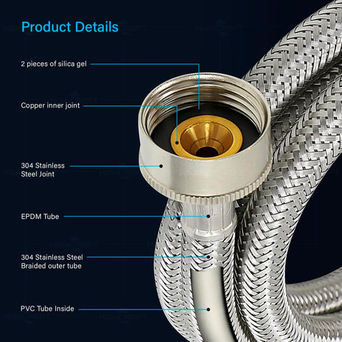 CNCT2573QS-2 Stainless Steel Hose Connector, Burst Proof, Hot and Cold Water, 3 FT Washing Machine Supply Line