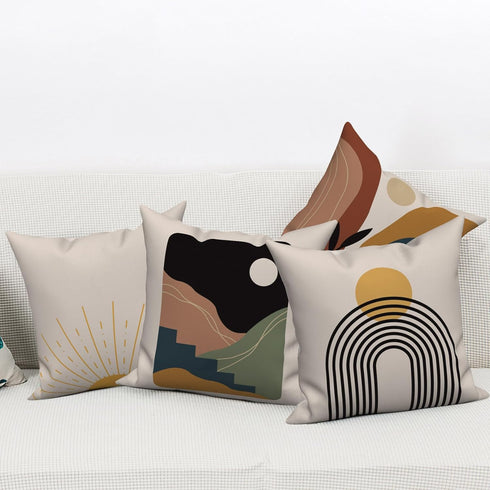 Boho Pillow Covers 16x16 Inch - Mid Century Sunrise Abstract Arch Linen Pillow Cases for Sofa, Set of 4 (No Inserts)