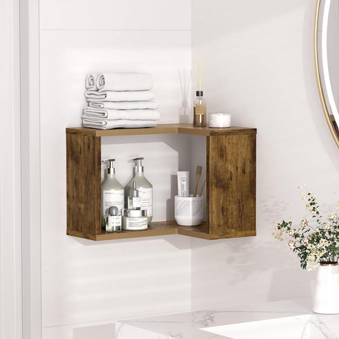 2-Tier Floating Corner Shelf, Floating Shelf for Wall, Wood Floating Book Shelf for Living Room, Bedroom, Bathroom