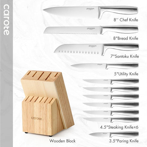 12-Piece Set, Set, CAROTE Knife All-Stainless Steel Knife Block Kitchen Knives with Wooden Block, Razor-Sharp