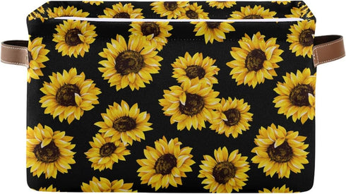 senya Large Foldable Storage Basket, Black Fabric Organizer Bag with Sunflowers and Handles 15 x 11 x 9.5 inch