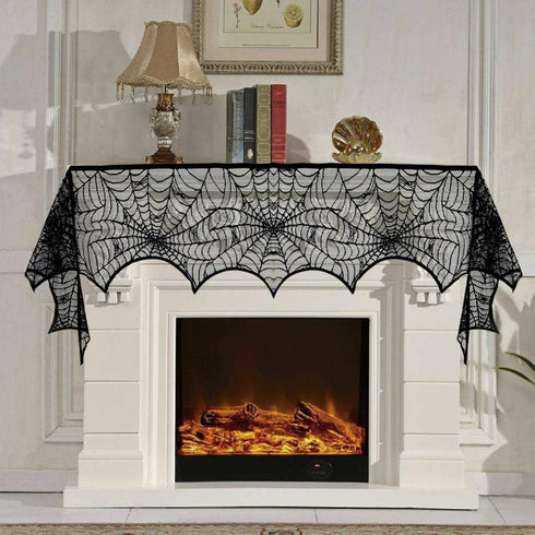 5pack Halloween Decorations Tablecloth Runner, Black Lace Round Spider Cobweb Table Cover with 36pcs Scary 3D Bat