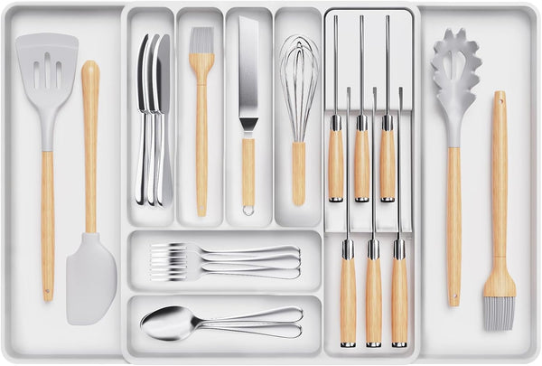 Lifewit Silverware Organizer for Kitchen Drawers, Expandable Utensil Tray with Removable Knife Block, Large, White