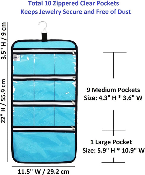 Hanging Jewelry Organizer with 10 Zippered Clear Pockets for Travel and Home Closet Jewelry Storage