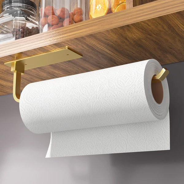 Paper Towel Holder - Self-Adhesive or Drilling, Gold, Upgraded Aluminum Kitchen Roll