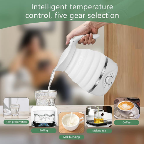 Portable Travel Foldable Electric Kettle, 850W Fast Boiling, Food Grade Silicone, 700ml, 110V, White