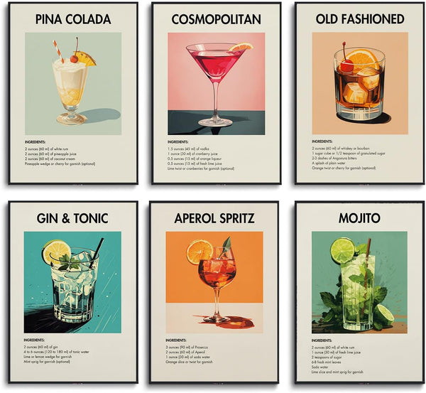 Fetyiu Vintage Cocktail Poster - Bar Cart Accessories and Decor,Retro Cocktail Wall Art,