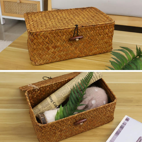 YRHOME Seagrass Rattan Basket with Lid, Hand-woven Rectangular Household Storage Basket for Organizer Boxes