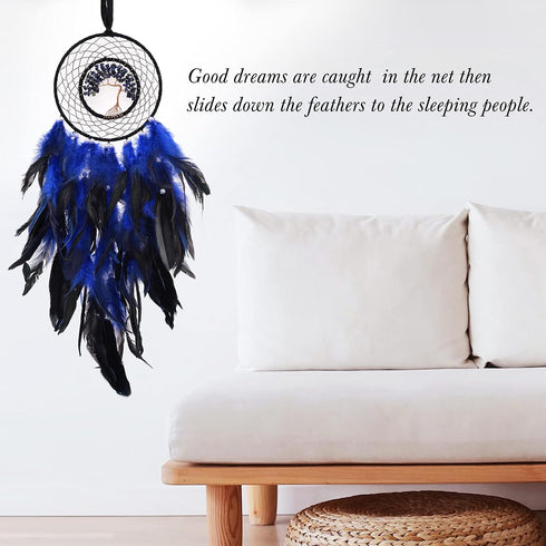 Dreamlike Deep Blue Tree of Life Dream Catcher, Handmade Feather Wall Hanging for Girls Bedroom Decor