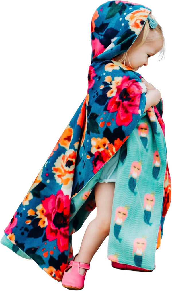 Birdy Boutique Car Seat Poncho for Kids, Reversible Warm Blanket Safe to Use Over Seat Belts, Mermaid Floral