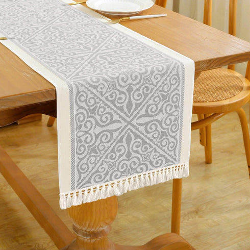 Grey14 x94 Floral Coffee Table Runner for Living Room Kitchen Farmhouse Bordered Dining Table Runner with Fringe