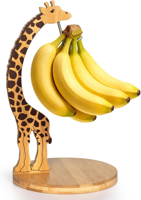 Giraffe Banana Holder Stand, Bamboo Banana Hanger with Stainless Steel Hook for