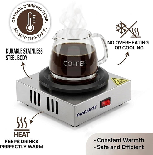 Commercial 60W 176 Commercial Coffee Warmer, Single Burner Decanter Warmer Plate, Stainless Steel Portable Warmer